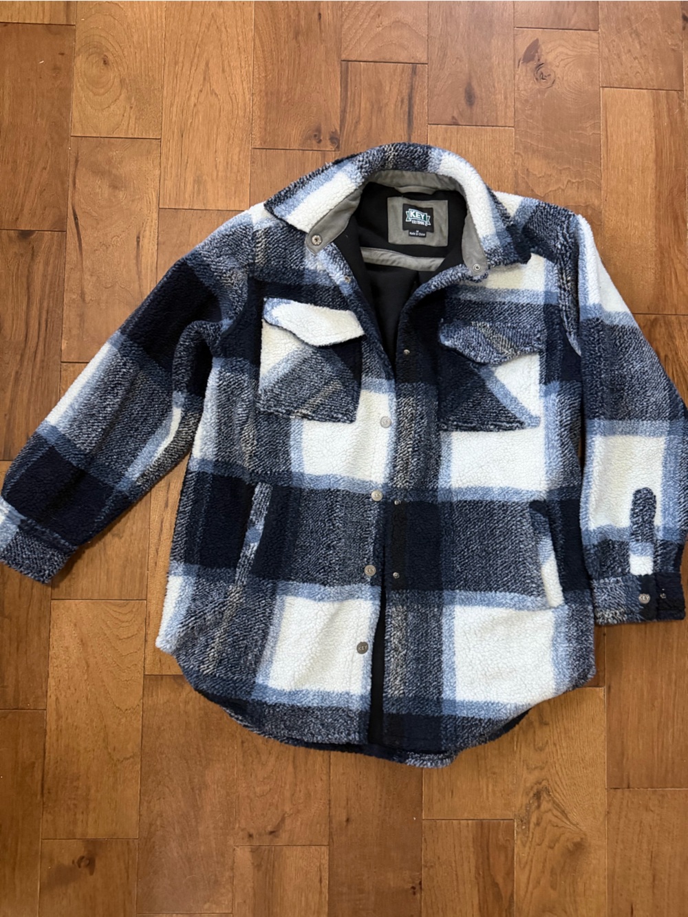Men's Navy and White Plaid Zip-Up Fleece Shacket - KEY